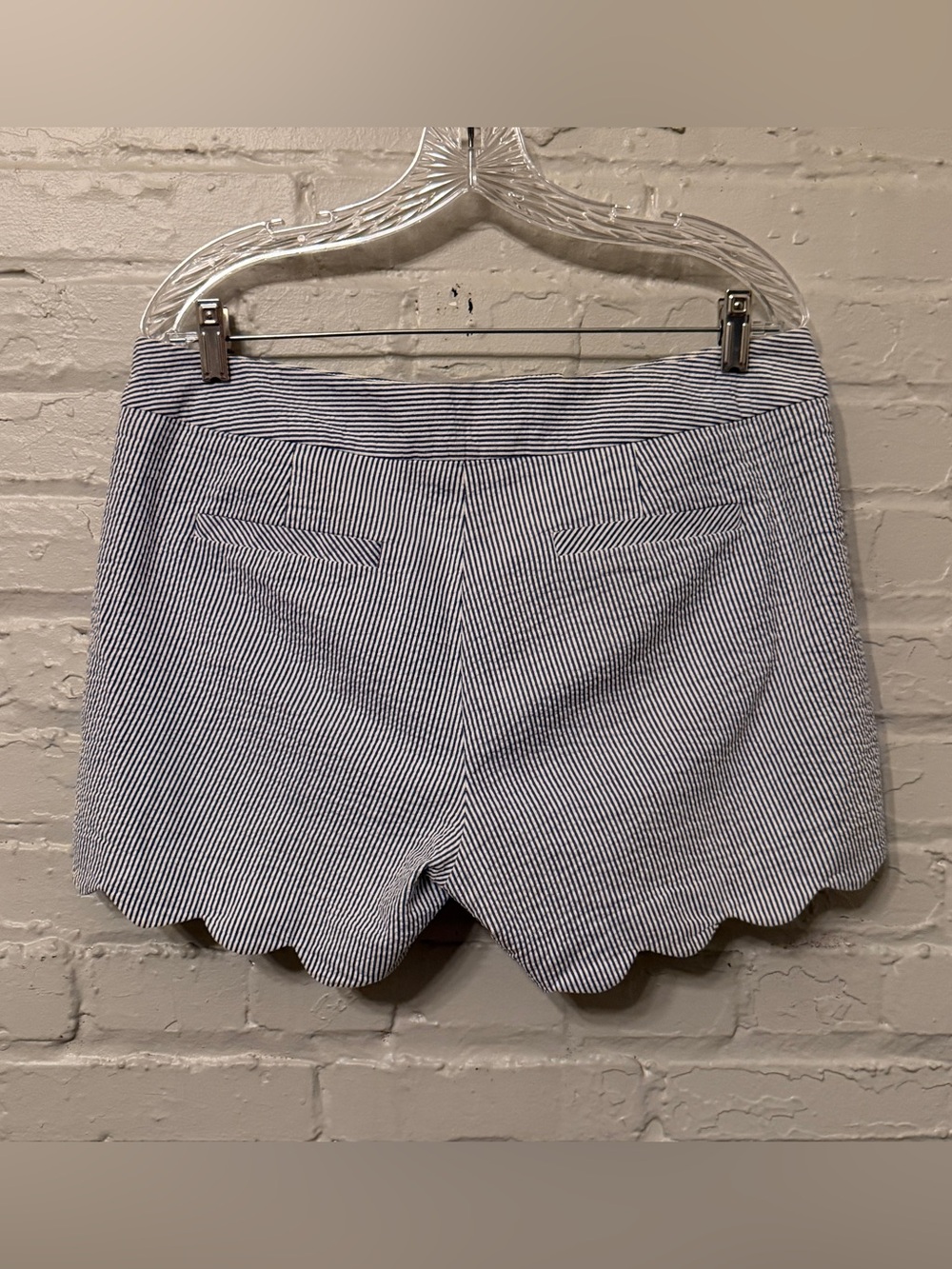British Khaki Striped Seersucker Scalloped Hem Shorts - Picture 2 of 6